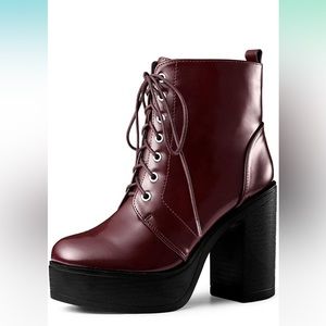 Allegra K Women's Platform Chunky High Heel Lace Up Burgundy Combat Boots-9